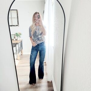 Risen Mid Rise Dark Wash Raw Hem Flare Denim Jeans Stretch Long Tall Various NEW